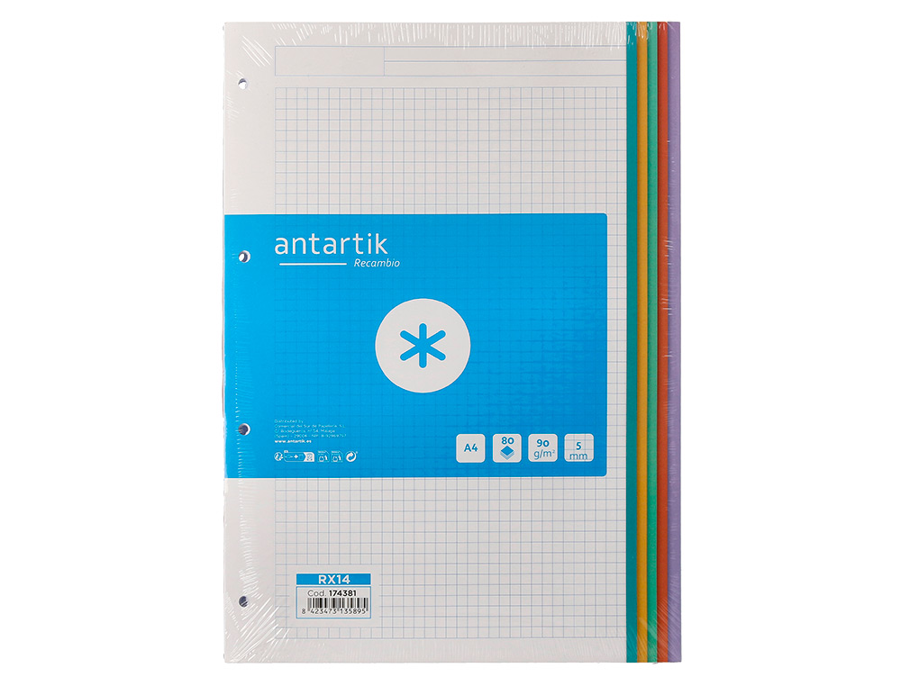 RECAMBIO ANTARTIK A4 80 HOJAS 90GR CUADRO 5 MM 4 TALADROS BANDAS DE 5 COLORES PASTELES