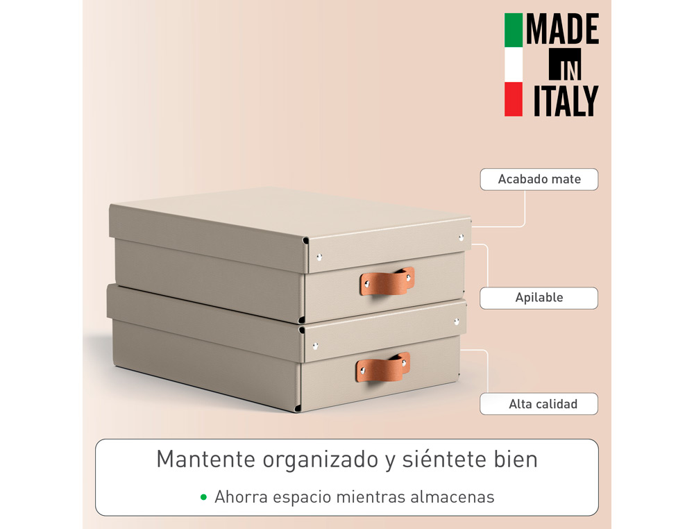 CAJA DE ALMACENAJE LEITZ CARTON MEDIANA BAJA CON ASA DE PIEL COLOR BEIGE PACK DE 2 UNIDADES