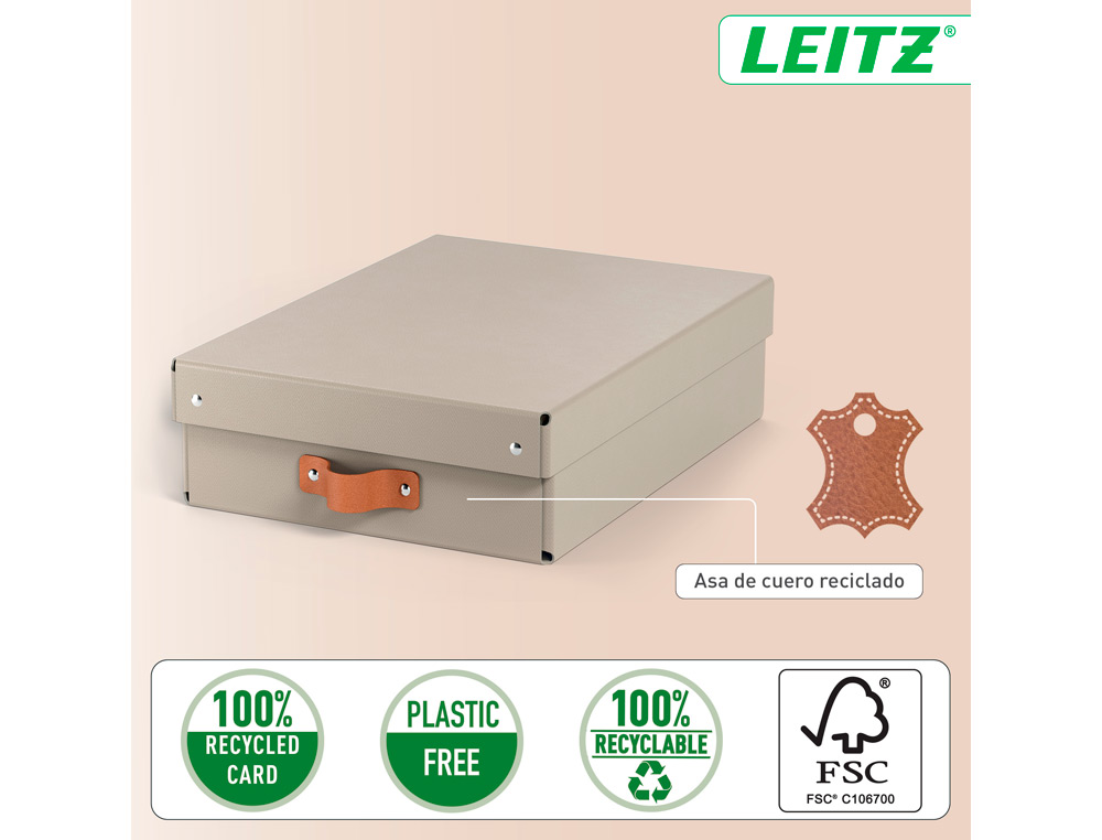 CAJA DE ALMACENAJE LEITZ CARTON MEDIANA BAJA CON ASA DE PIEL COLOR BEIGE PACK DE 2 UNIDADES