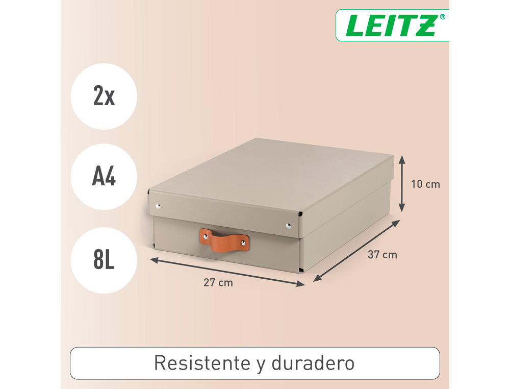 CAJA DE ALMACENAJE LEITZ CARTON MEDIANA BAJA CON ASA DE PIEL COLOR BEIGE PACK DE 2 UNIDADES