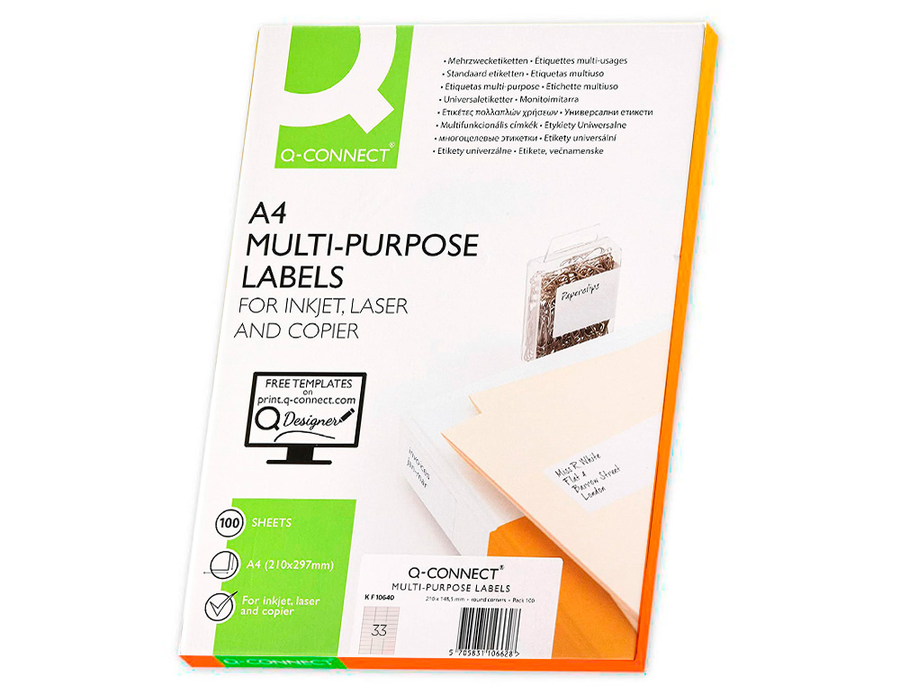 ETIQUETA ADHESIVA Q-CONNECT KF10640 TAMAÑO 70X25 MM FOTOCOPIADORA LASER INK.JET CAJA CON 100 HOJAS DIN A4