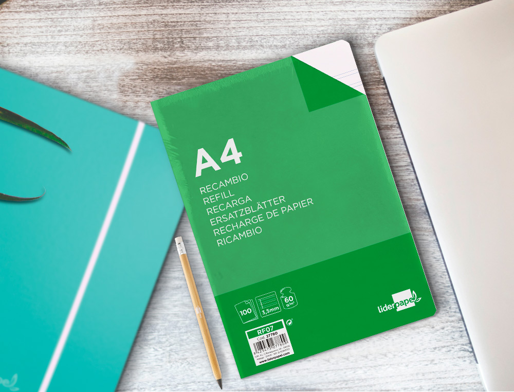 RECAMBIO LIDERPAPEL A4 100 HOJAS 60GR PAUTA 4 3.5MM CON MARGEN 4 TALADROS