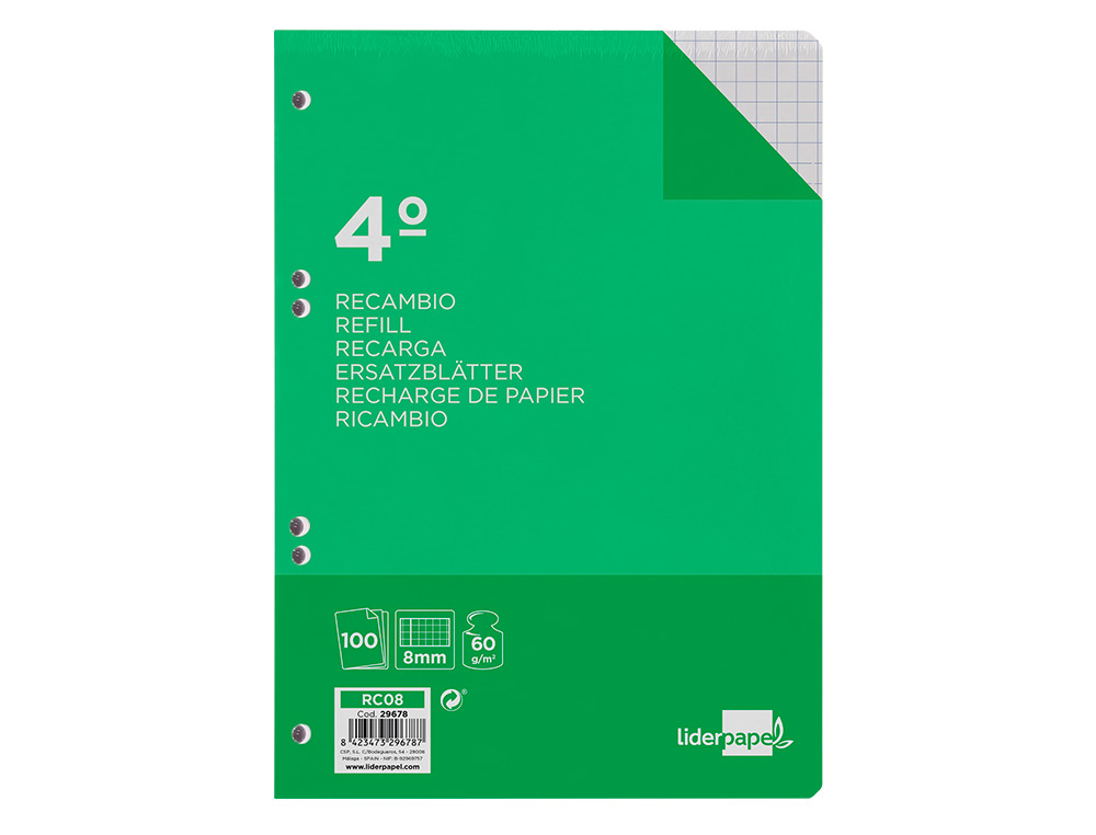 RECAMBIO LIDERPAPEL CUARTO 100 HOJAS 60GR CUADRO 8MM CON MARGEN 6 TALADROS
