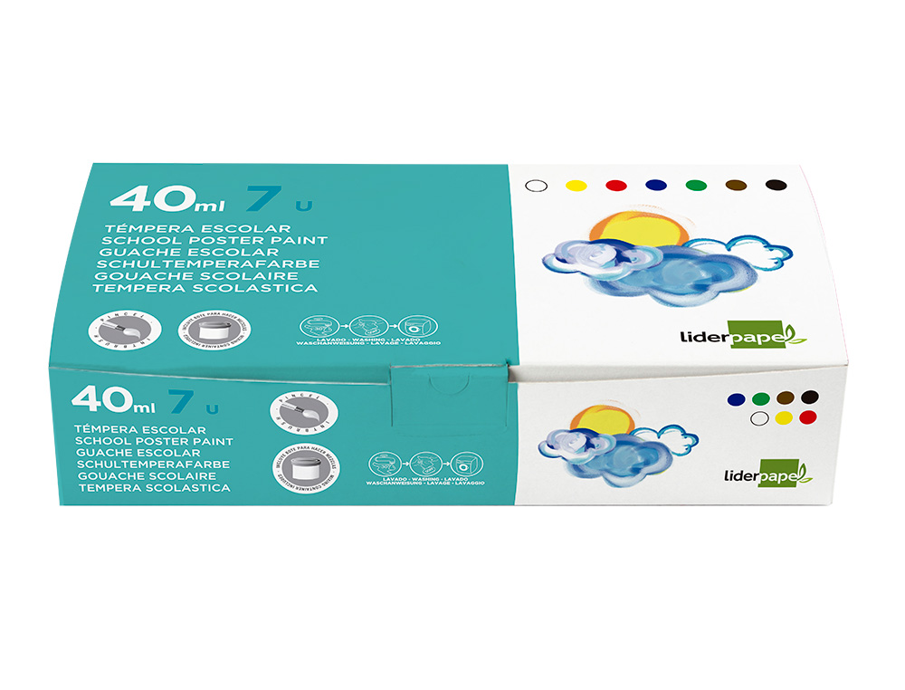 TEMPERA LIDERPAPEL ESCOLAR 40 ML CAJA 7 COLORES SURTIDOS + PINCEL