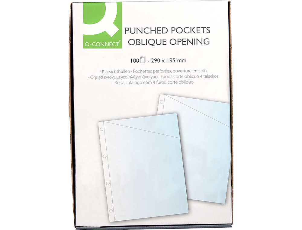FUNDA Q-CONNECT CORTE OBLICUO 290X195 MM CRISTAL 4 TALADROS PVC 90 MC CAJA DE 100 UNIDADES