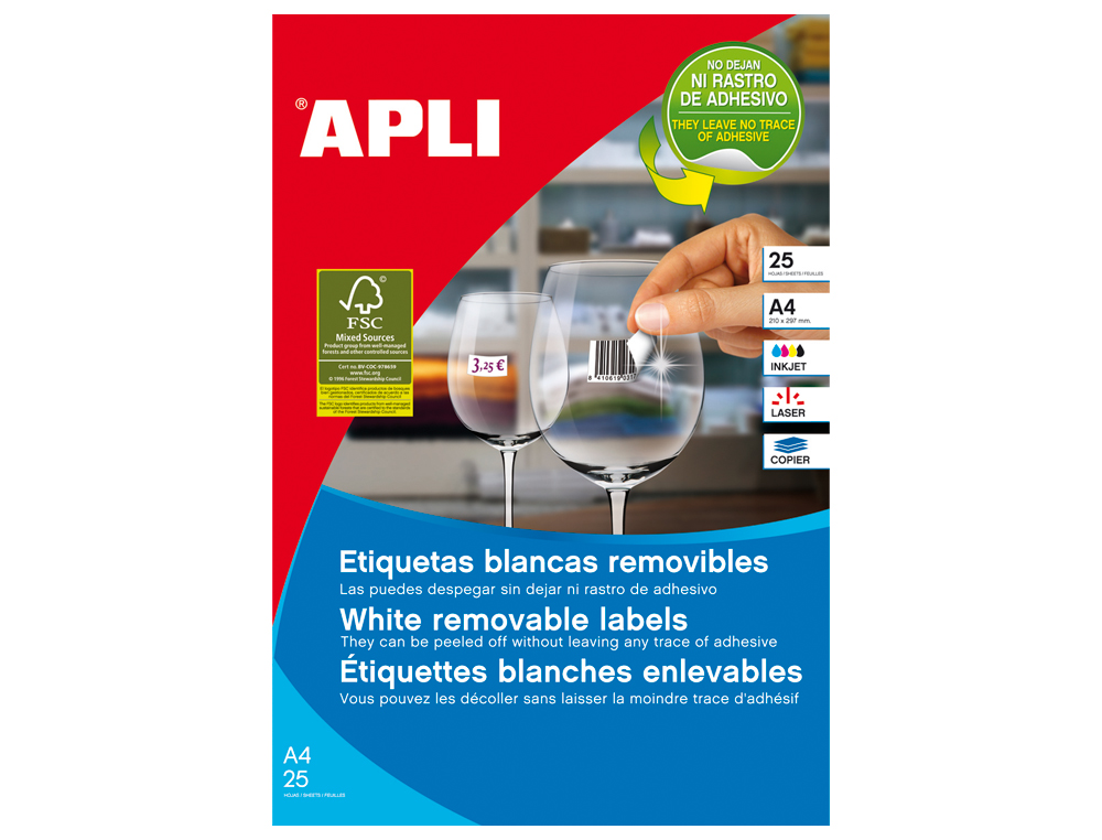 ETIQUETA ADHESIVAS APLI 10198 TAMAO 25,4X10 MM REMOVIBLE PARA FOTOCOPIADORA LASER INK-JET CAJA 25 HOJAS CON