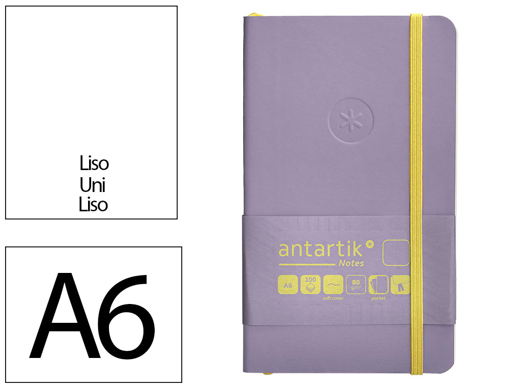 CUADERNO CON GOMILLA ANTARTIK NOTES TAPA BLANDA A6 HOJAS LISAS MORADO Y AMARILLO 100 HOJAS 80 GR FSC