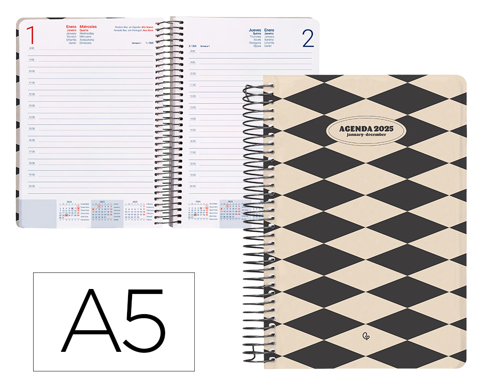 AGENDA ESPIRAL LIDERPAPEL CLASSIC A5 2025 DIA PAGINA COLOR BLANCO Y NEGRO PAPEL 70 GR