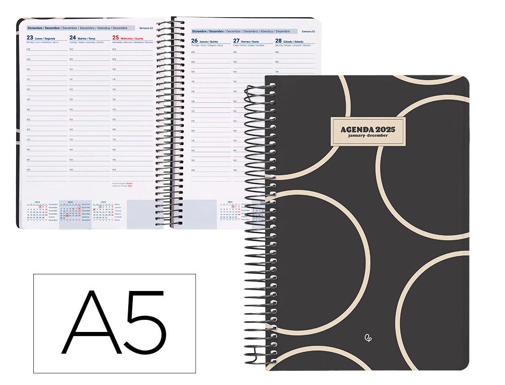 AGENDA ESPIRAL LIDERPAPEL CLASSIC A5 2025 SEMANA VISTA BLANCO Y NEGRO 2 PAPEL 70 GR