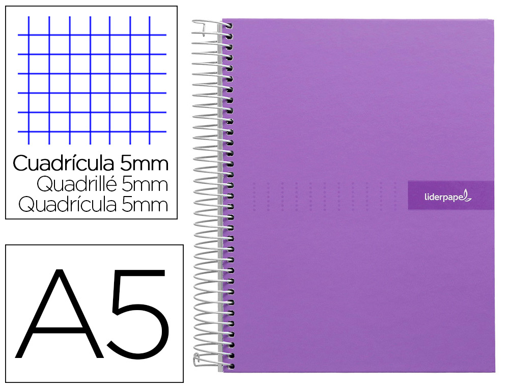 CUADERNO ESPIRAL LIDERPAPEL A5 MICRO CRAFTY TAPA FORRADA 120H 90 GR CUADRO 5MM 5 BANDAS6 TALADROS COLOR VIOLETA