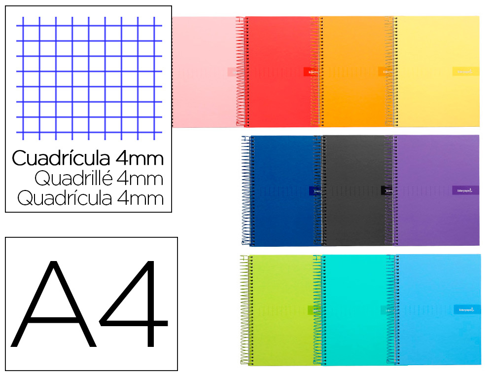 CUADERNO ESPIRAL LIDERPAPEL A4 CRAFTY TAPA FORRADA 80H 90 90GR CUADRO 4MM CON MARGEN COLORES SURTIDOS
