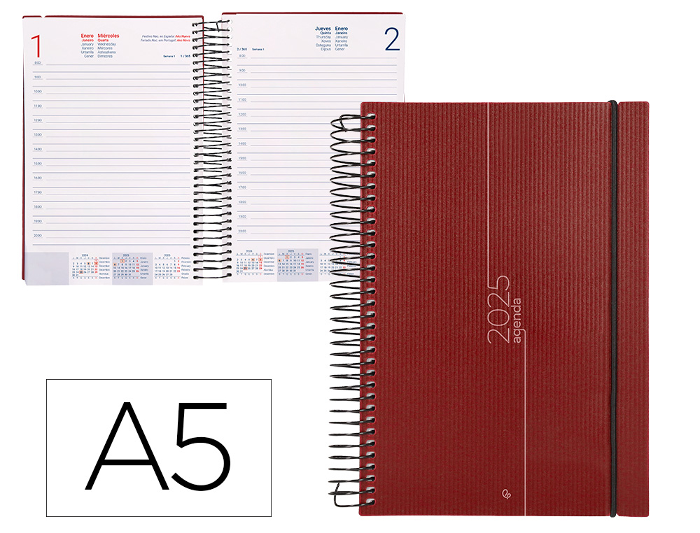 AGENDA ESPIRAL LIDERPAPEL OLBIA A5 2025 DIA PAGINA COLOR ROJO PAPEL 60 GR