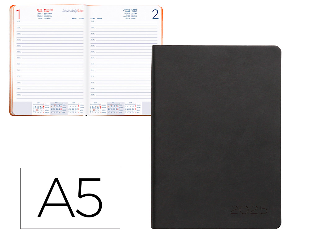 AGENDA ENCUADERNADA LIDERPAPEL SIFNOS A5 2025 DIA PAGINA COLOR NARANJA PAPEL 70 GR