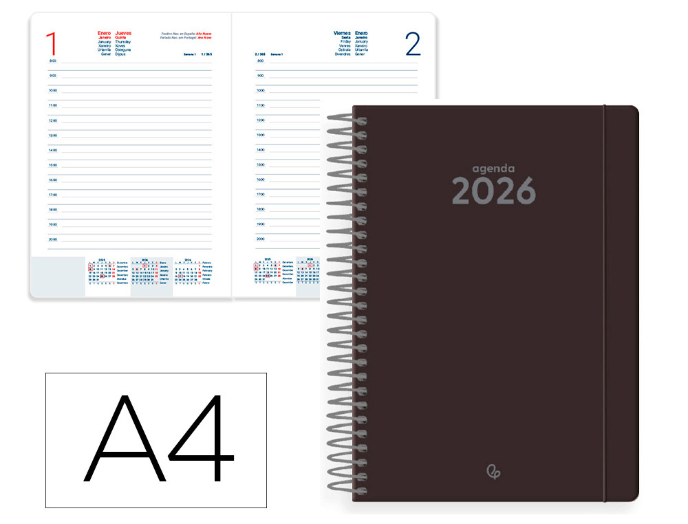 AGENDA ESPIRAL LIDERPAPEL CLASSIC A4 2026 DIA PAGINA NEGRO PAPEL 70 GR FSC