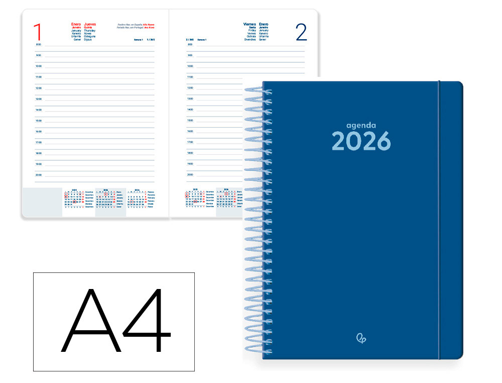 AGENDA ESPIRAL LIDERPAPEL CLASSIC A4 2026 DIA PAGINA AZUL OSCURO PAPEL 70 GR FSC