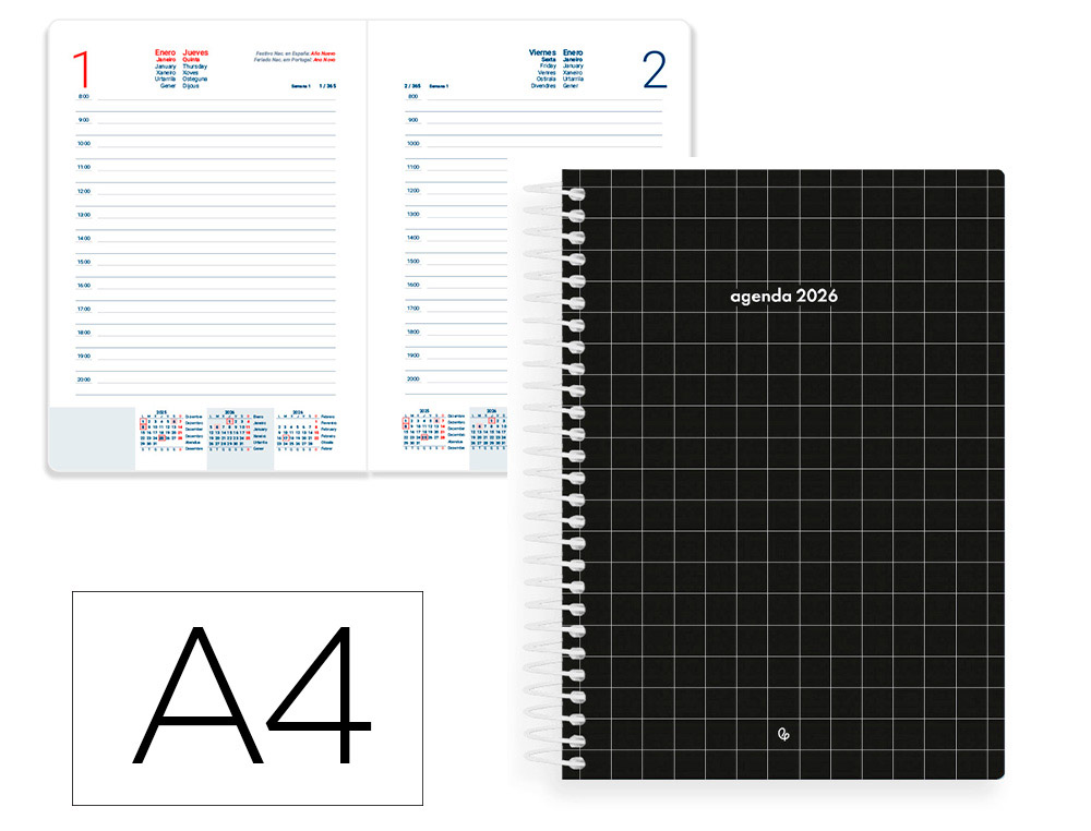AGENDA ESPIRAL LIDERPAPEL GAZI A4 2026 DIA PAGINA NEGRO PAPEL 70 GR FAC