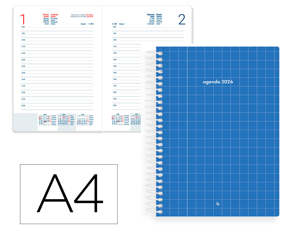 AGENDA ESPIRAL LIDERPAPEL GAZI A4 2026 DIA PAGINA AZUL OSCURO PAPEL 70 GR FSC