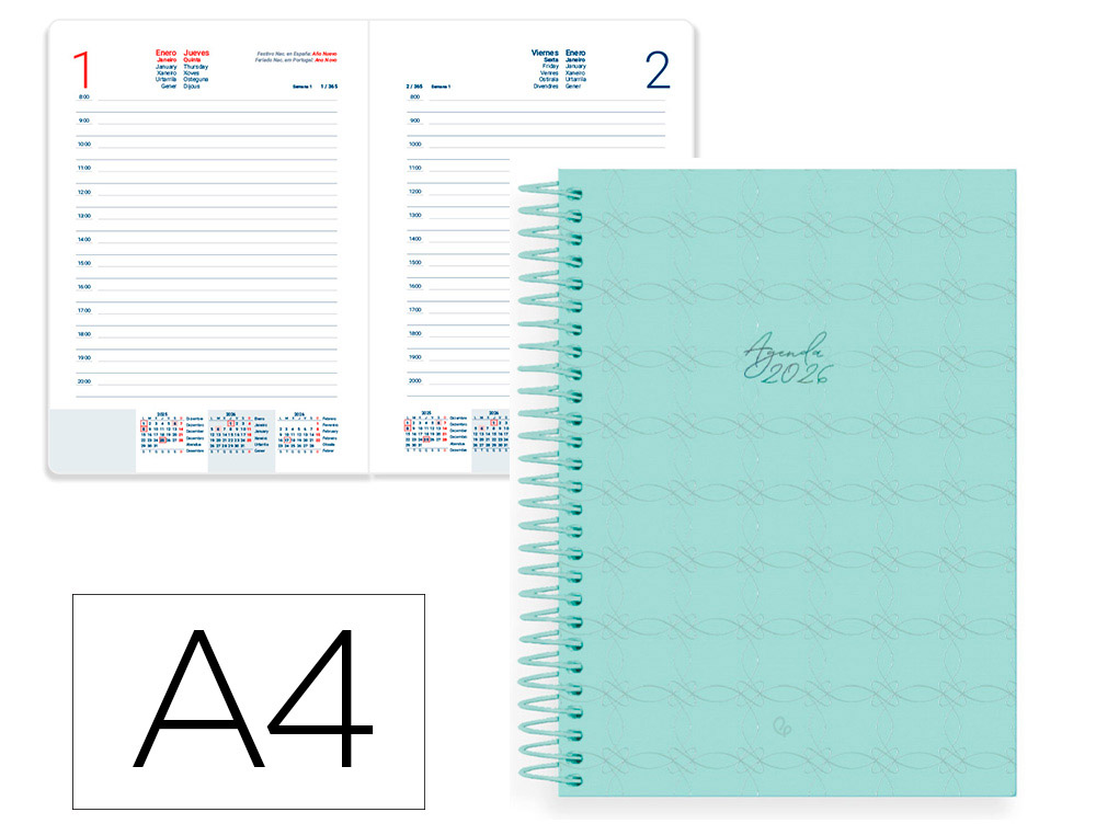 AGENDA ESPIRAL LIDERPAPEL PERISSA A4 2026 DIA PAGINA VERDE PAPEL 80 GR FSC