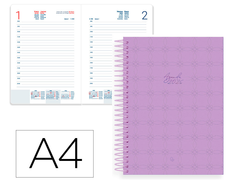 AGENDA ESPIRAL LIDERPAPEL PERISSA A4 2026 DIA PAGINA MORADO PAPEL 80 GR FSC