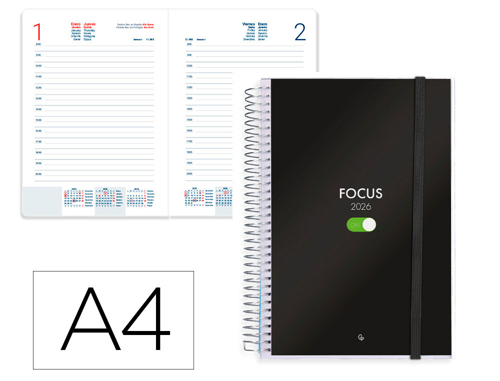 AGENDA ESPIRAL LIDERPAPEL TINOS A4 2026 DIA PAGINA PERSONALIZABLE PAPEL 70 GR FSC