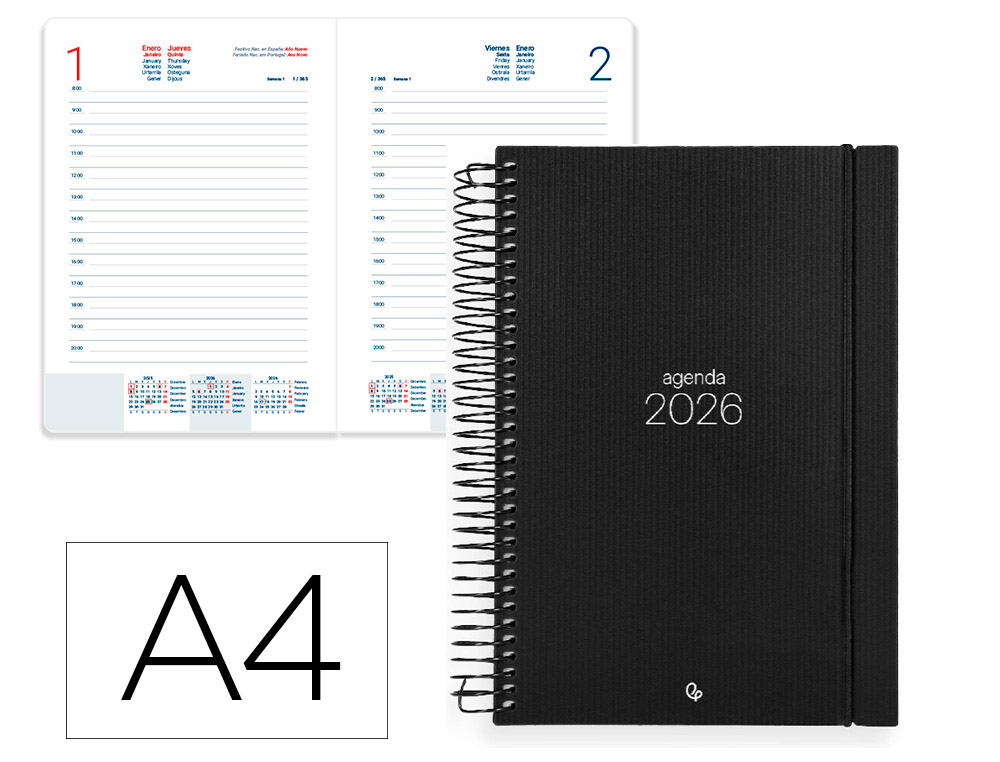 AGENDA ESPIRAL LIDERPAPEL OLBIA A4 2026 DIA PAGINA NEGRO PAPEL 60 GR FSC