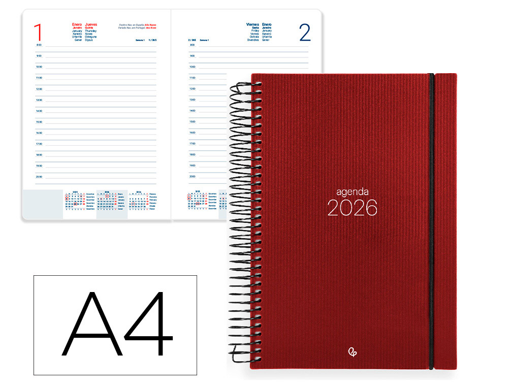 AGENDA ESPIRAL LIDERPAPEL OLBIA A4 2026 DIA PAGINA ROJO PAPEL 60 GR FSC