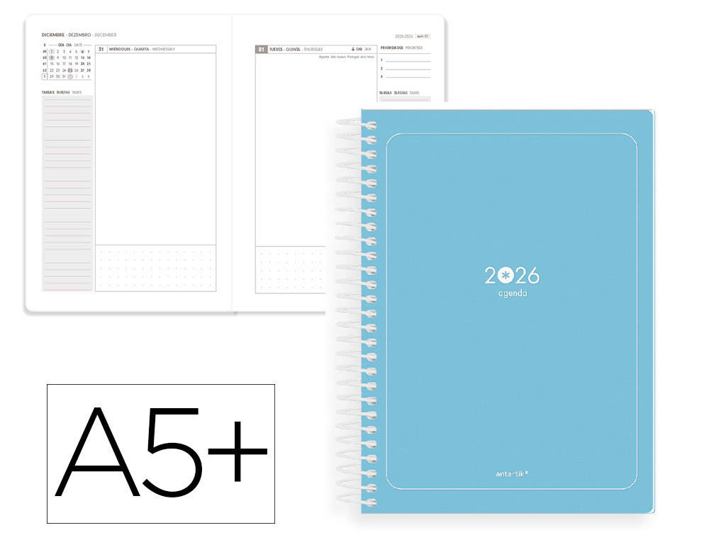 AGENDA ESPIRAL ANTARTIK A5+ 2026 DIA PAGINA BASIC PAPEL 80 GR