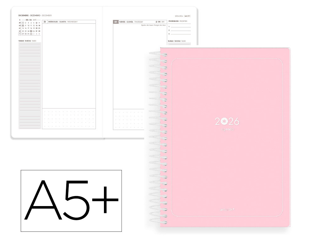 AGENDA ESPIRAL ANTARTIK A5+ 2026 DIA PAGINA BASIC PAPEL 80 GR