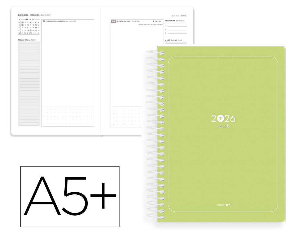 AGENDA ESPIRAL ANTARTIK A5+ 2026 DIA PAGINA BASIC PAPEL 80 GR