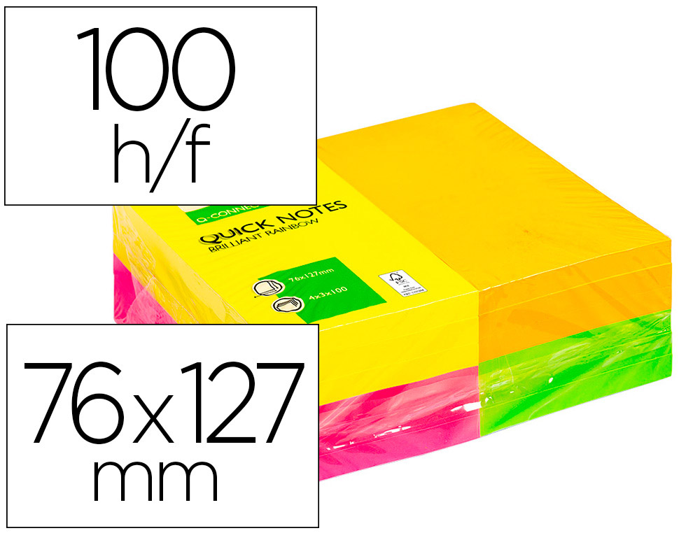 BLOC DE NOTAS ADHESIVAS QUITA Y PON Q-CONNECT 127X76 MM CON 100HOJAS FLUORESCENTES PACK DE 12 -SURTIDAS EN 4 COLORES