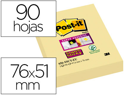 BLOC DE NOTAS ADHESIVAS QUITA Y PON POST-IT SUPER STICKY 51X78 MM CON 90 HOJAS 565 AMARILLO CANARIO