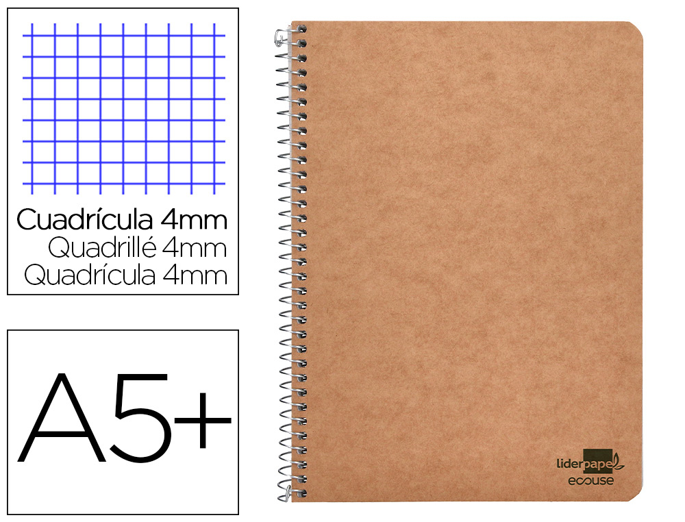 CUADERNO ESPIRAL LIDERPAPEL CUARTO ECOUSE TAPA CARTULINA KRAFT 80H PAPEL RECICLADO 80 GR CUADRO 4MM